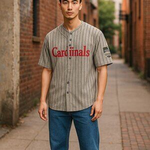 St Louis Cardinals Size XL Gray Striped Retro Jersey Baseball Henley Shirt